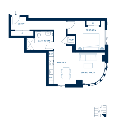 Floor plan for 1 bed, 1 bath, 685 sqft